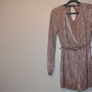 Lush Gold Pleated Wrap Long Sleeve Dress